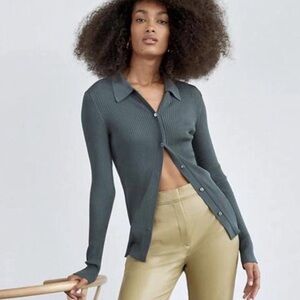 Babaton Ribbed Button-Up Shirt - Green